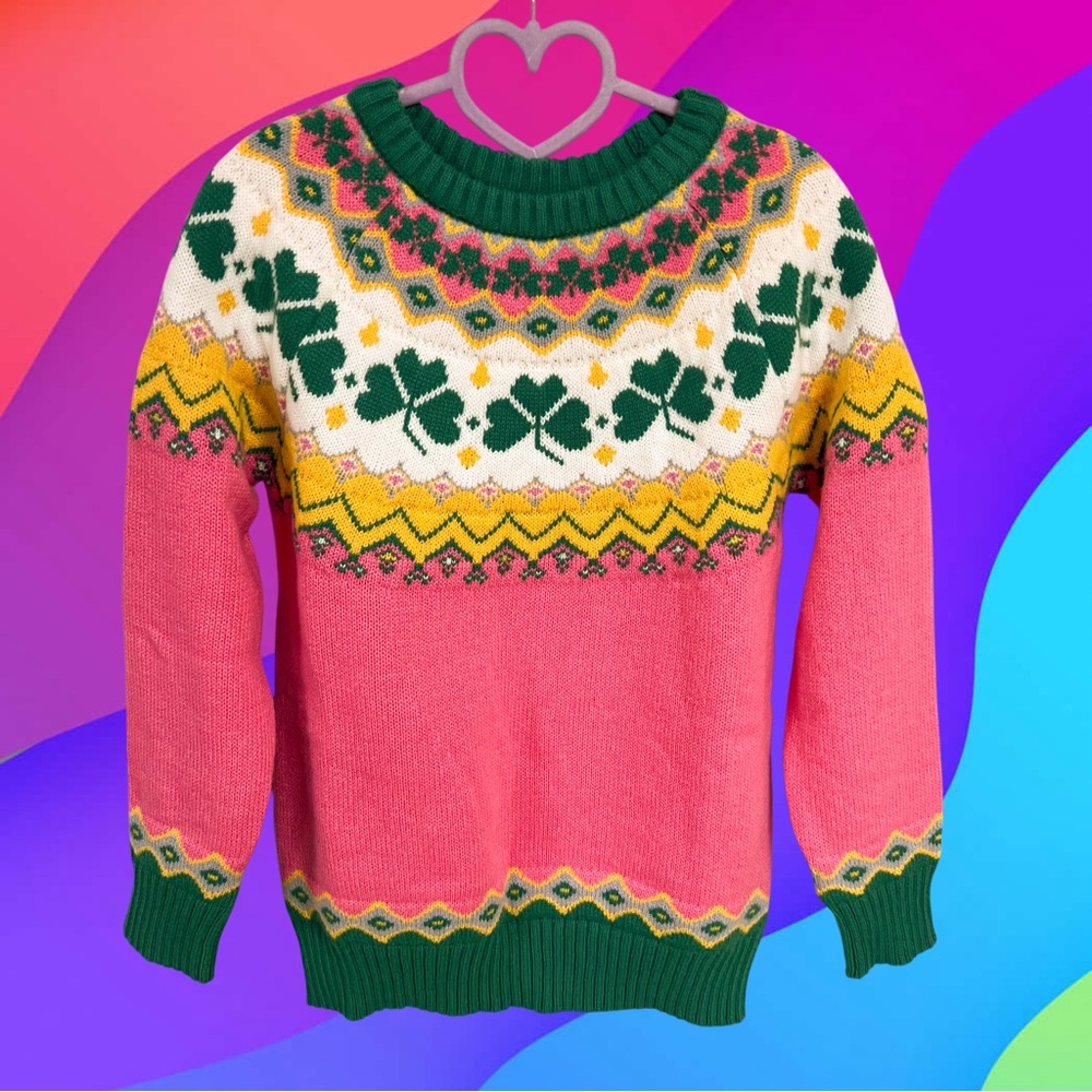 Cozy pink and green clovers knit sweater